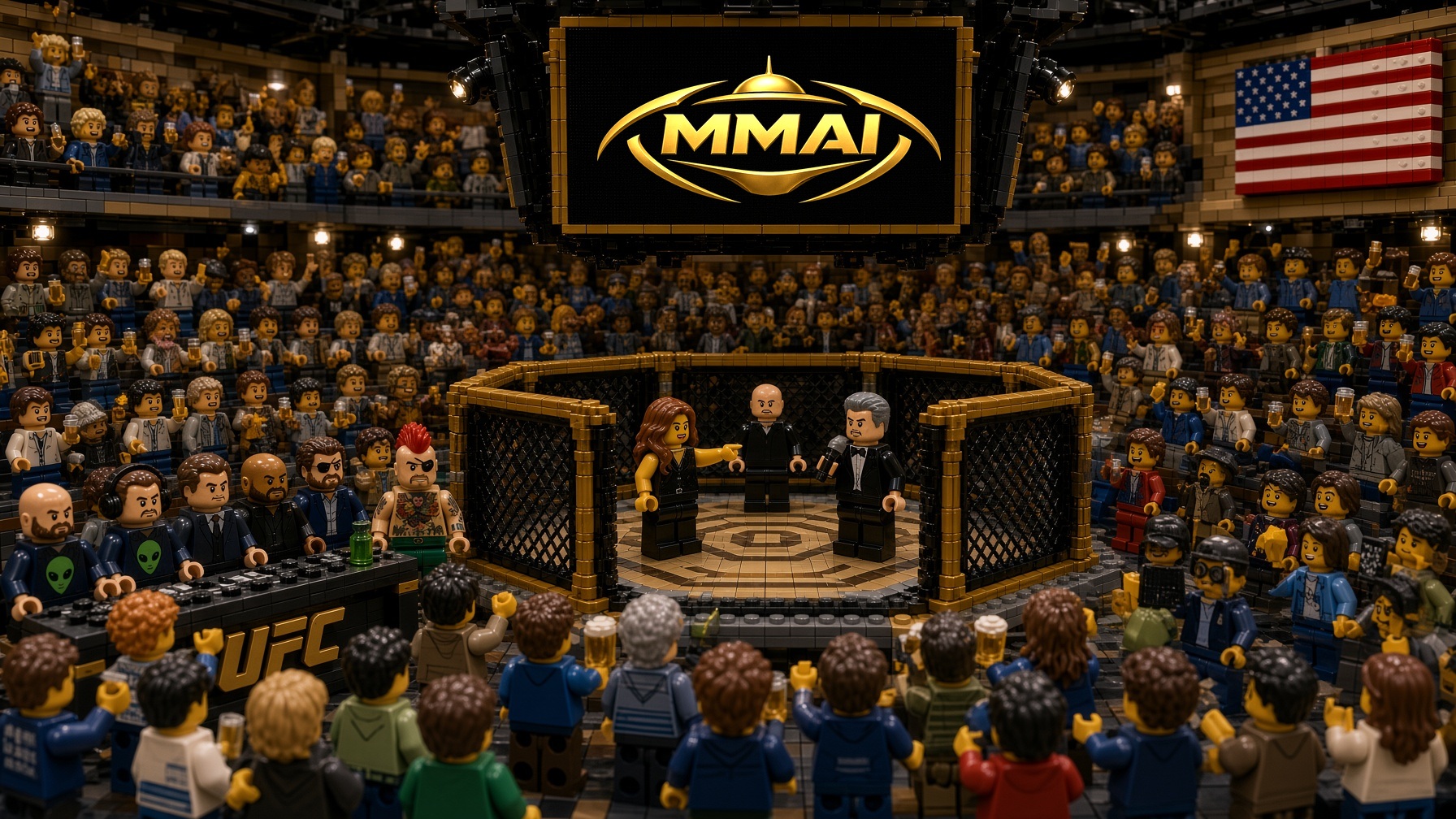 MMAI Lego UFC APEX octagon with MMAI gold ship logo on the jumbotron
